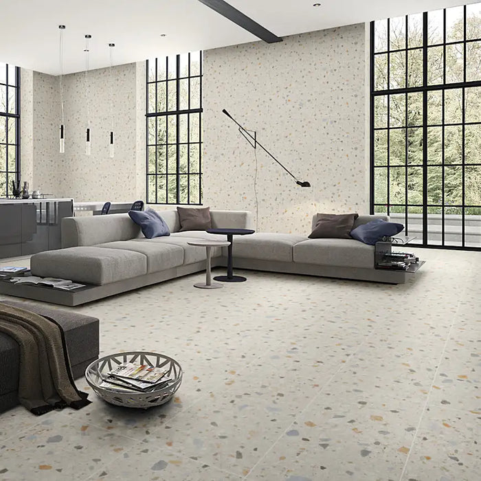 Contemporary interior with Sogno Di Gre White Porcelain tiles showcasing a soft white tone and gentle stone-like veining.