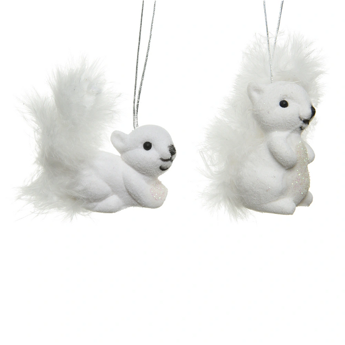 Set of 2 Squirrels with Feather Tails Hanging Christmas Decoration