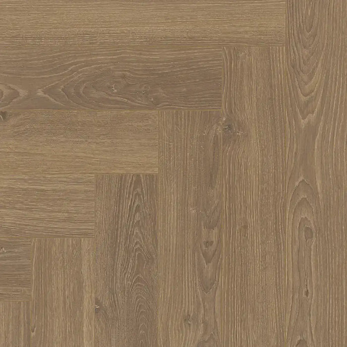 Close-up of the Honey Herringbone laminate plank with a matt finish, highlighting the fine oak grain and textured surface for a natural, untreated wood appearance.