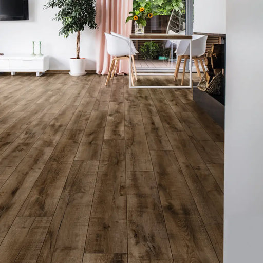 Room setting with Terra Oak flooring installed, highlighting its authentic rustic style, bold character, and classic plank pattern.