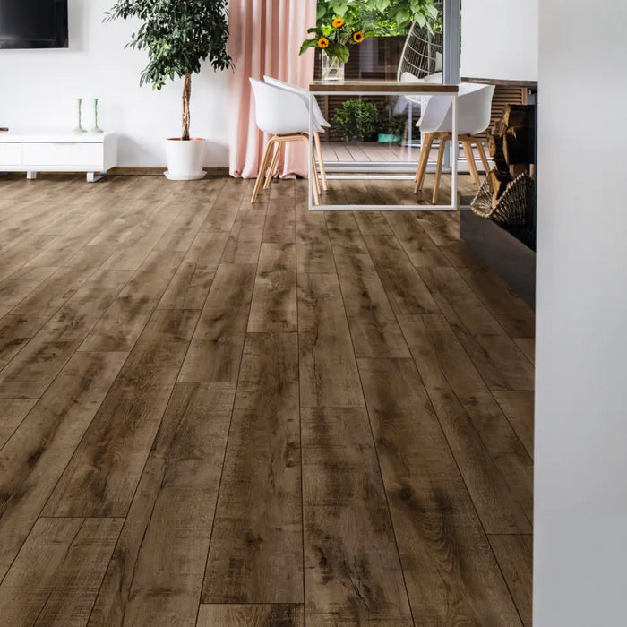 Room setting with Terra Oak flooring installed, highlighting its authentic rustic style, bold character, and classic plank pattern.
