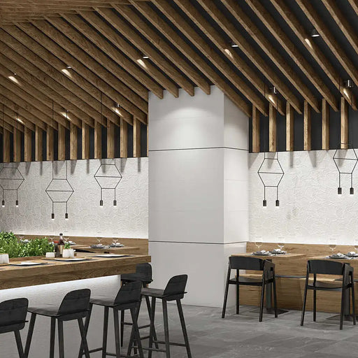 Close-up of Tesuki Gampi Blanco tile surface showing its smooth rectified edge and subtle detail.