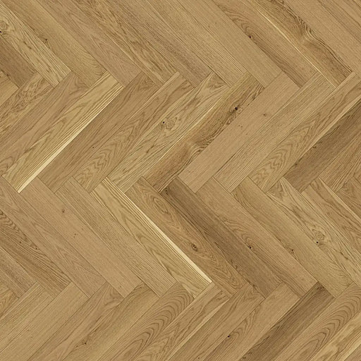 Detailed view of Trendtime 3 Oak Herringbone showing the matt lacquered finish, tight joints, and subtle bevels between strips.