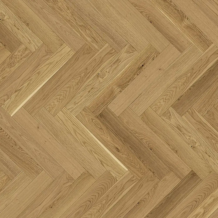 Detailed view of Trendtime 3 Oak Herringbone showing the matt lacquered finish, tight joints, and subtle bevels between strips.