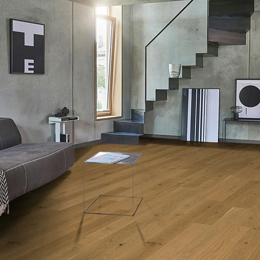 Trendtime 4 Living Molvina Natural engineered wood flooring in a bright, minimal interior with soft neutral tones and natural light.