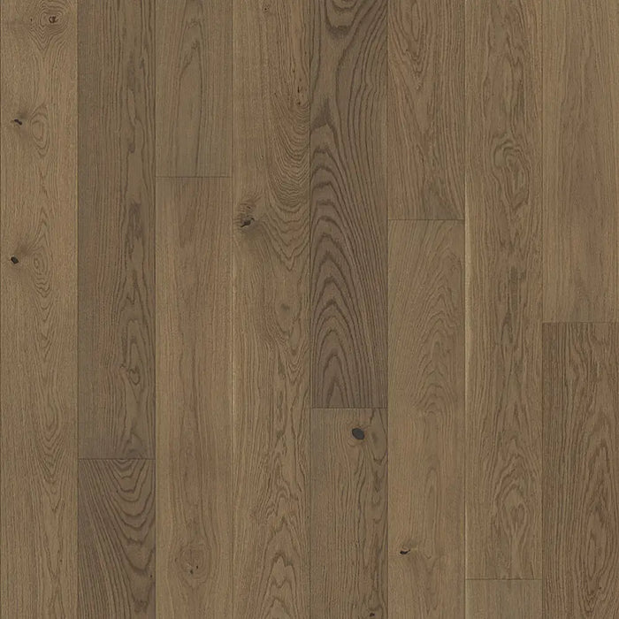 Detailed view of Trendtime 4 Nougat flooring showing oak grain texture, mini bevel edge, and matt lacquer finish.