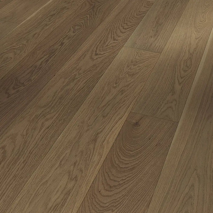 Detailed view of Trendtime 4 Nougat flooring showing oak grain texture, mini bevel edge, and matt lacquer finish.
