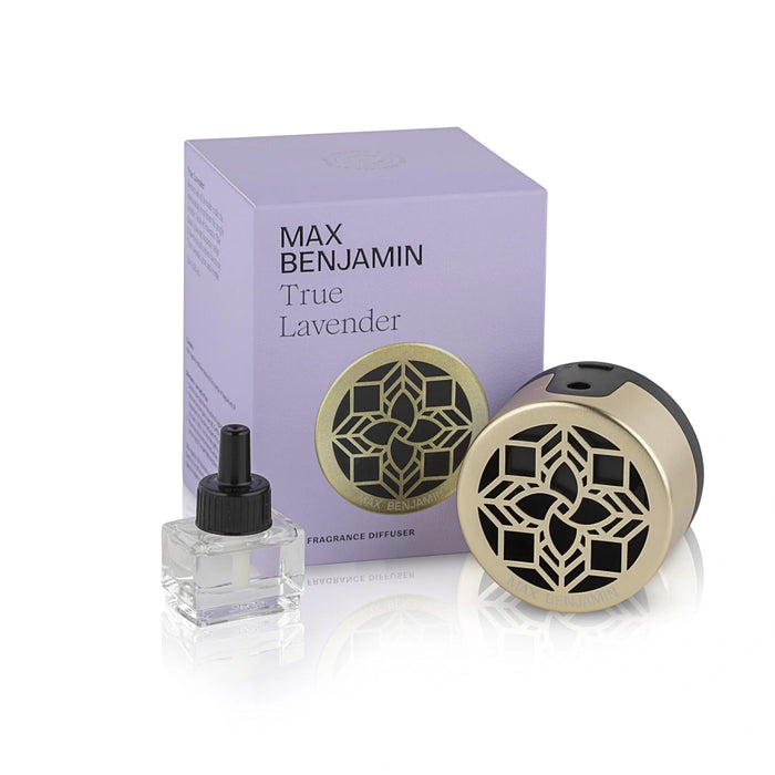 Max Benjamin True Lavender plug-in wall diffuser with 15 ml refill bottle in packaging