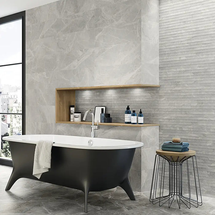A modern interior wall tiled with Tundra Pearl Matt tiles, highlighting their subtle pearl tone.