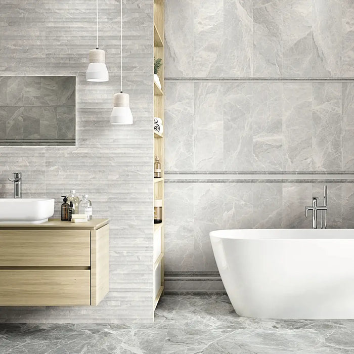 A modern interior wall tiled with Tundra Pearl Matt tiles, highlighting their subtle pearl tone.