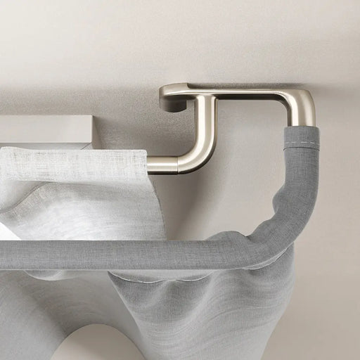 Detailed view of the Twilight Matt Nickel Double Curtain Pole brackets and double rail system for layering curtains.