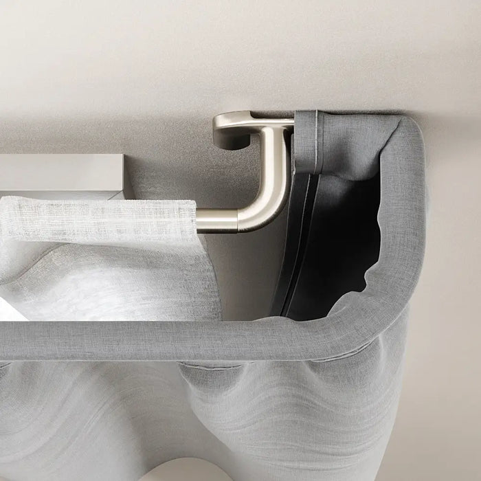 Twilight Matt Nickel Double Curtain Pole detail shot showing the dual rails for pairing sheer and blackout curtains.