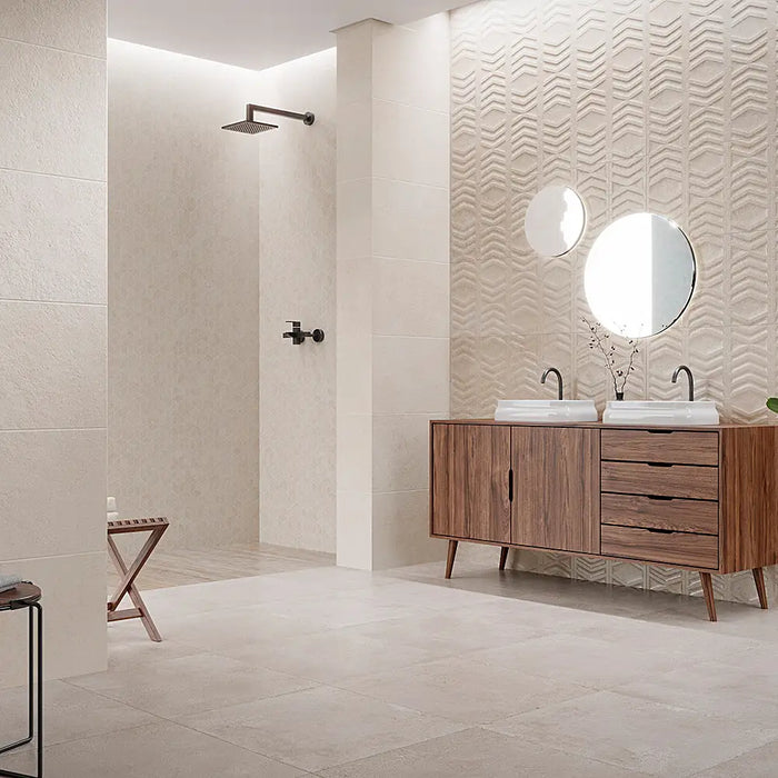 Bathroom with Underground Beige Natural Porcelain tiles, giving a soft and warm look.