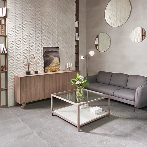 Bright modern living room with Underground White Natural Porcelain floor, creating a sleek and seamless look.