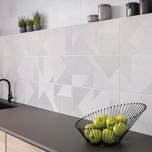 Kitchen wall with Verse Concept White tiles, creating a modern, textured feature.