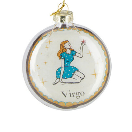 Close-up of Virgo Zodiac Christmas bauble showing fine zodiac detailing and polished finish.