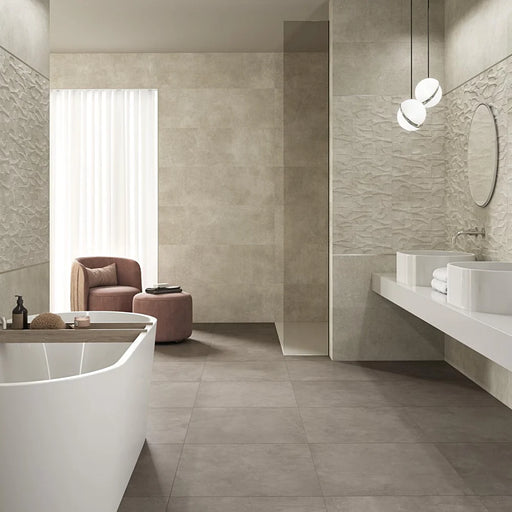 Bathroom styled with Vita Arena wall tiles in a soft beige matt finish.