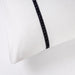 Close-up of White/Dark Grey Faux Velvet duvet set showing 300 thread count sateen cotton and plush velvet detailing.