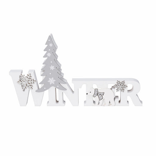 Close-up of white 'Winter' text ornament showing snowy texture and soft sparkle.