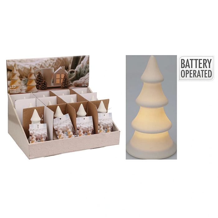 Close-up of white XMAS LED tree showing illuminated letters and glowing lights.