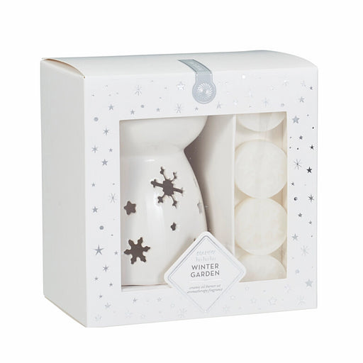 Close-up of Winter Garden Wax Burner Gift Set showing wax burner and floral-scented wax melts.