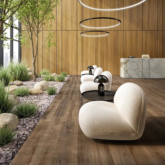 Interior with Woodbreak Ebony Porcelain tiles arranged in a plank layout, showcasing a deep ebony tone and realistic woodgrain pattern.