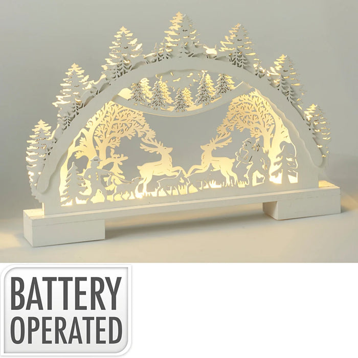 Close-up of woodland Christmas scenery showing detailed trees and softly lit LED scene.