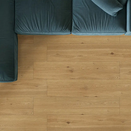 Contemporary dining area featuring Woodwise Caramel Porcelain tiles in a plank layout, highlighting warm caramel tones and natural woodgrain detail.