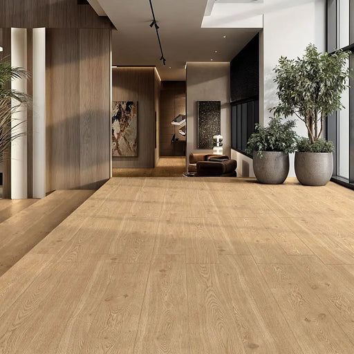 Modern living space with Woodwise Cedar Porcelain tiles laid in a plank pattern, highlighting warm cedar tones and realistic woodgrain.