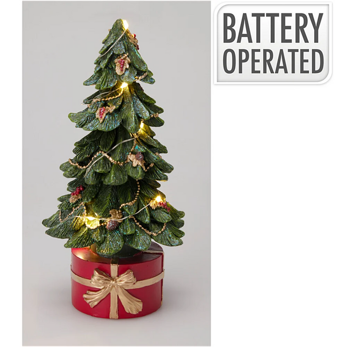 Close-up of Wrapped Christmas Tree showing detailed wrapped design and battery-operated LED lights.