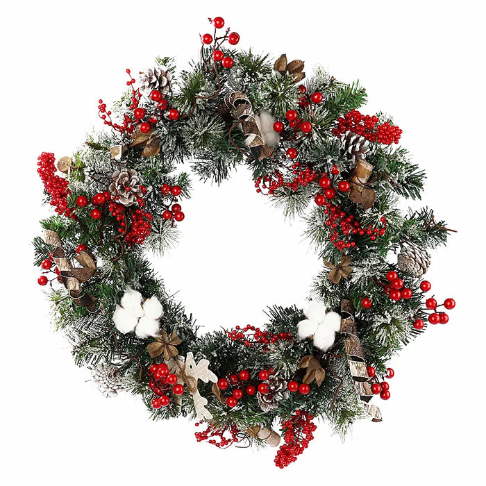 Frosted Wreath With Red Berries And Deer