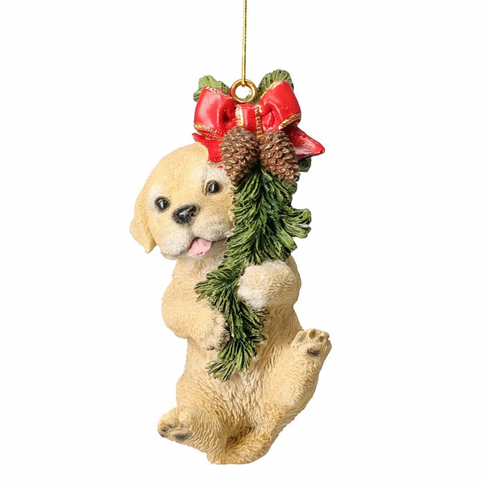 Close-up of Yellow Dog Hanging From A Garland showing cheerful expression and detailed garland accents.