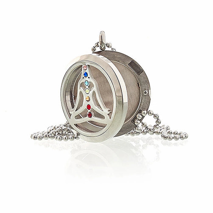 Yoga Chakra 30mm stainless steel aromatherapy diffuser necklace with essential oil locket and coloured pads