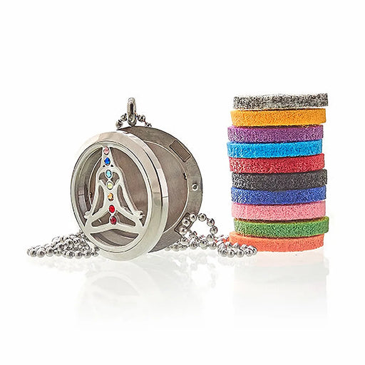 Yoga Chakra 30mm stainless steel aromatherapy diffuser necklace with essential oil locket and coloured pads