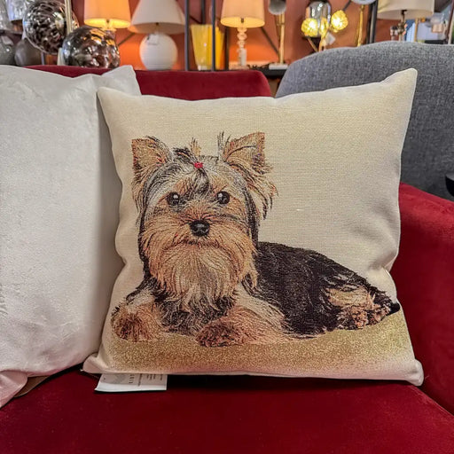 Yorky Dog cushion cover styled on a sofa, showing Yorky dog design in a homely interior.