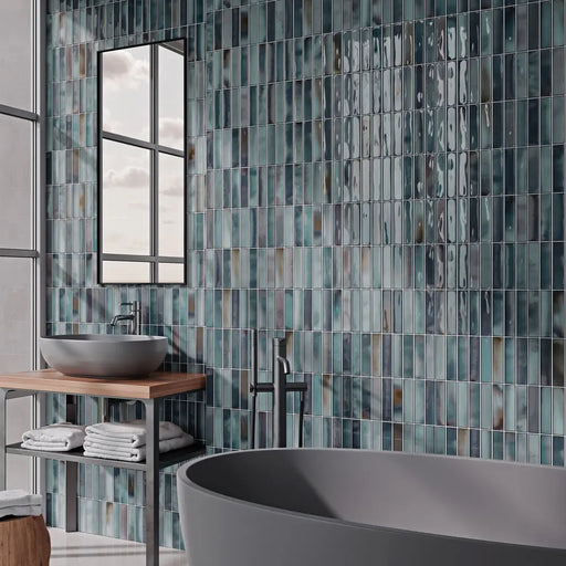 Alba Azul glossy ceramic wall tile in a bathroom setting