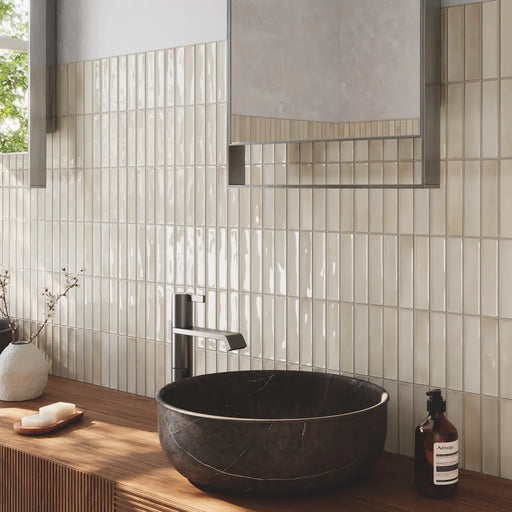 Alba Beige glossy ceramic wall tile in a bathroom setting