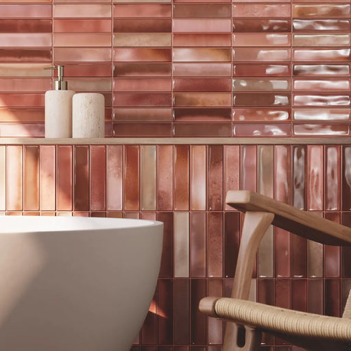 Alba Coral glossy ceramic wall tile in a bathroom setting