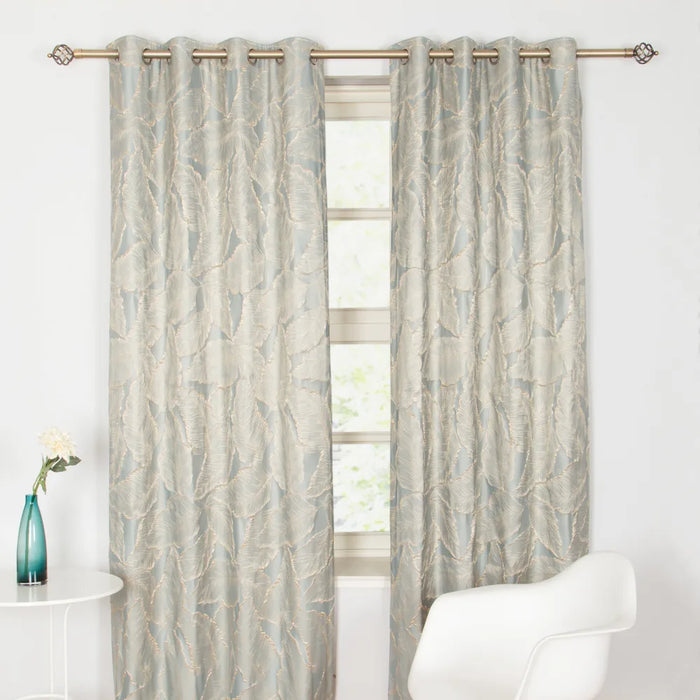 Alsace Aqua interlined eyelet curtains with a soft embroidered golden leaf motif