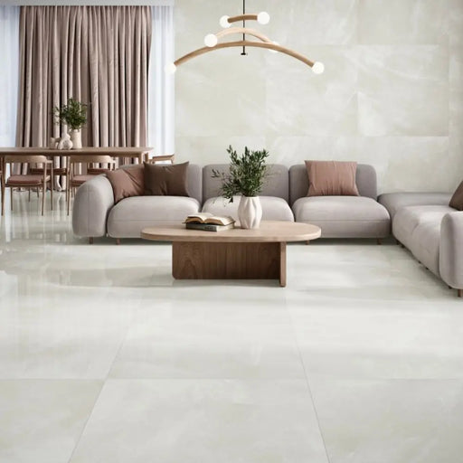 Altieri White polished porcelain tile floor in a living room setting