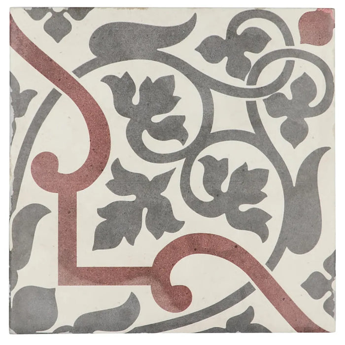 Front view of Art Nouveau Burgundy Folies Bergere decorative porcelain tile with burgundy, grey and cream pattern