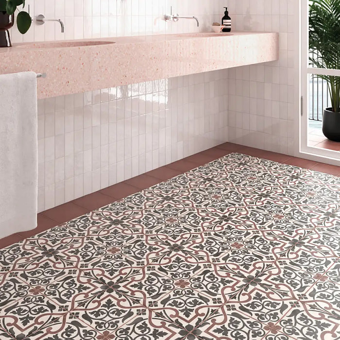 Art Nouveau Burgundy Folies Bergere patterned porcelain floor tiles installed in a contemporary bathroom
