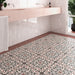 Art Nouveau Burgundy Folies Bergere patterned porcelain floor tiles installed in a contemporary bathroom
