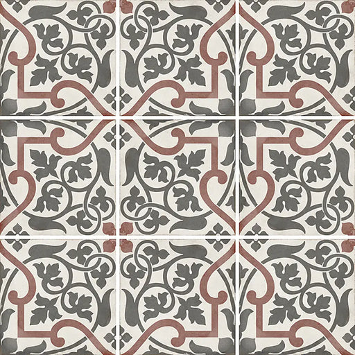 Art Nouveau Burgundy Folies Bergere porcelain tiles showing the repeating ornamental pattern
