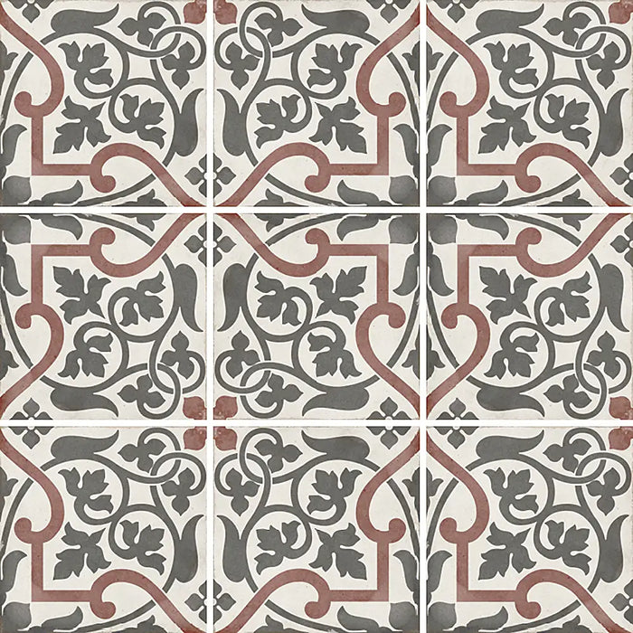 Art Nouveau Burgundy Folies Bergere porcelain tiles showing the repeating ornamental pattern