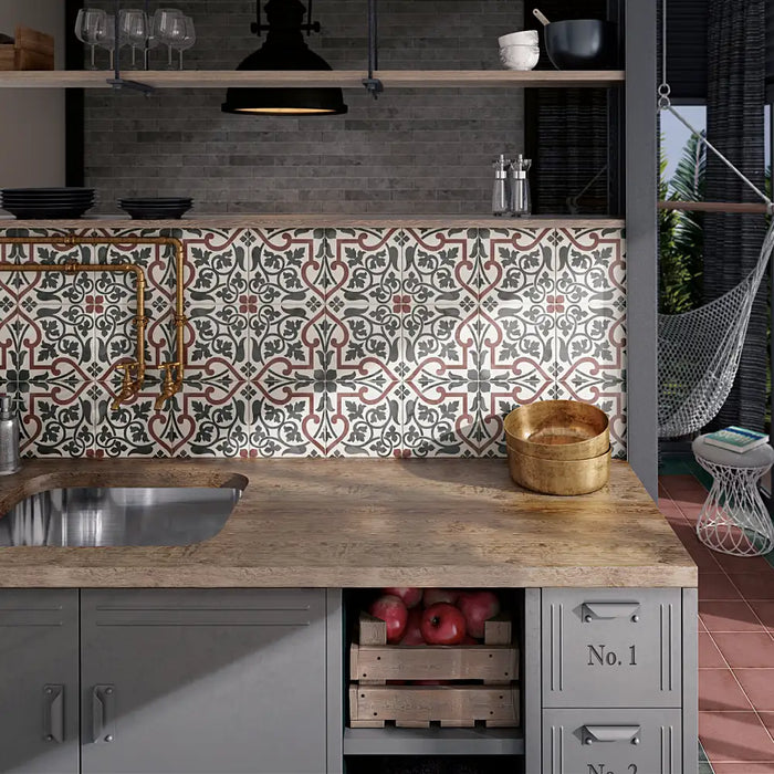 Art Nouveau Burgundy Folies Bergere porcelain tiles installed as a decorative kitchen splashback