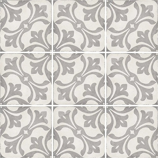 Art Nouveau La Rambla Grey porcelain tiles showing the repeating decorative pattern