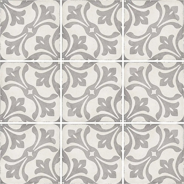 Art Nouveau La Rambla Grey porcelain tiles showing the repeating decorative pattern