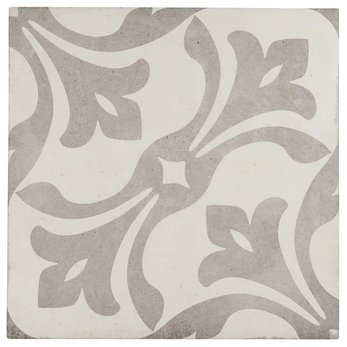 Front view of Art Nouveau La Rambla Grey decorative porcelain tile with floral pattern