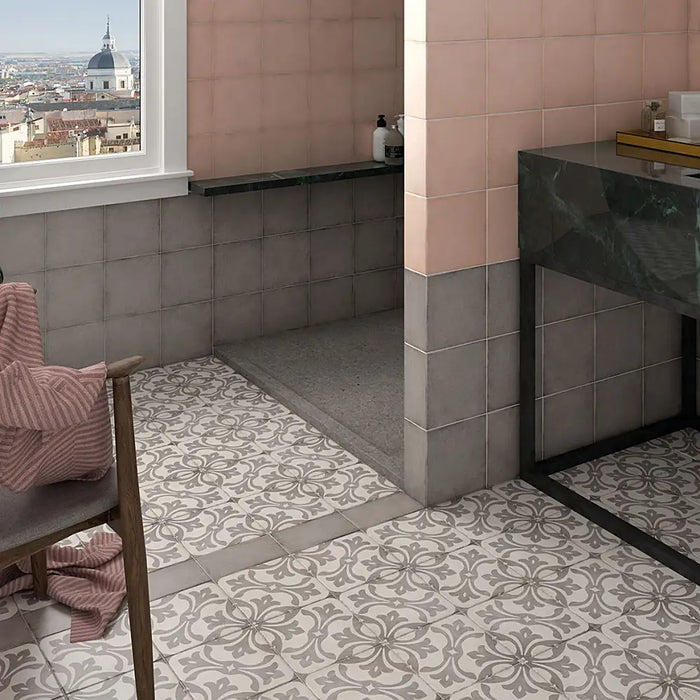 Art Nouveau La Rambla Grey decorative porcelain floor tiles installed in a contemporary bathroom